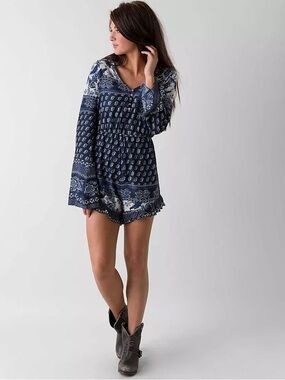 Women's Boho Navy Floral Button-Front Peasant Romper ruffled short bell sleeves